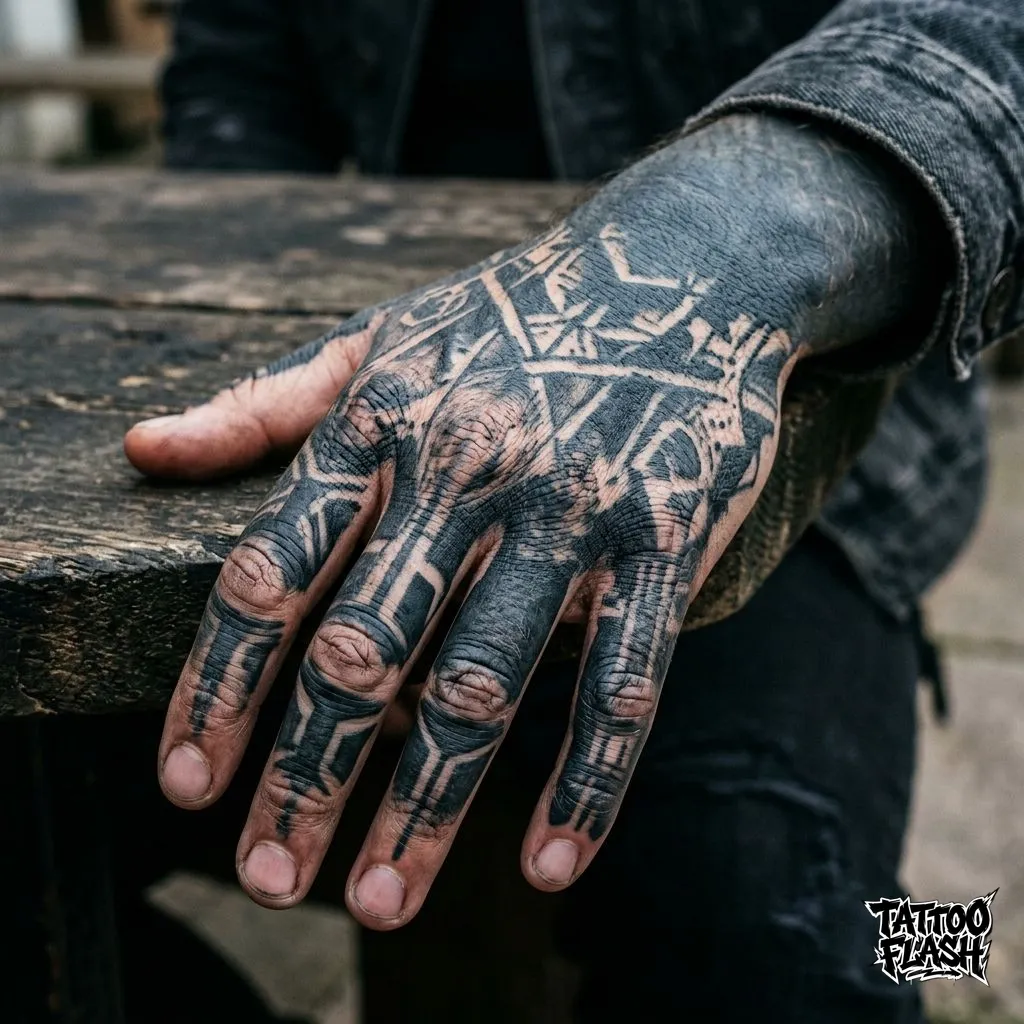 Dark heavy blackwork abstract tattoos covering the human hand and knuckles, an area known for high fade risk.