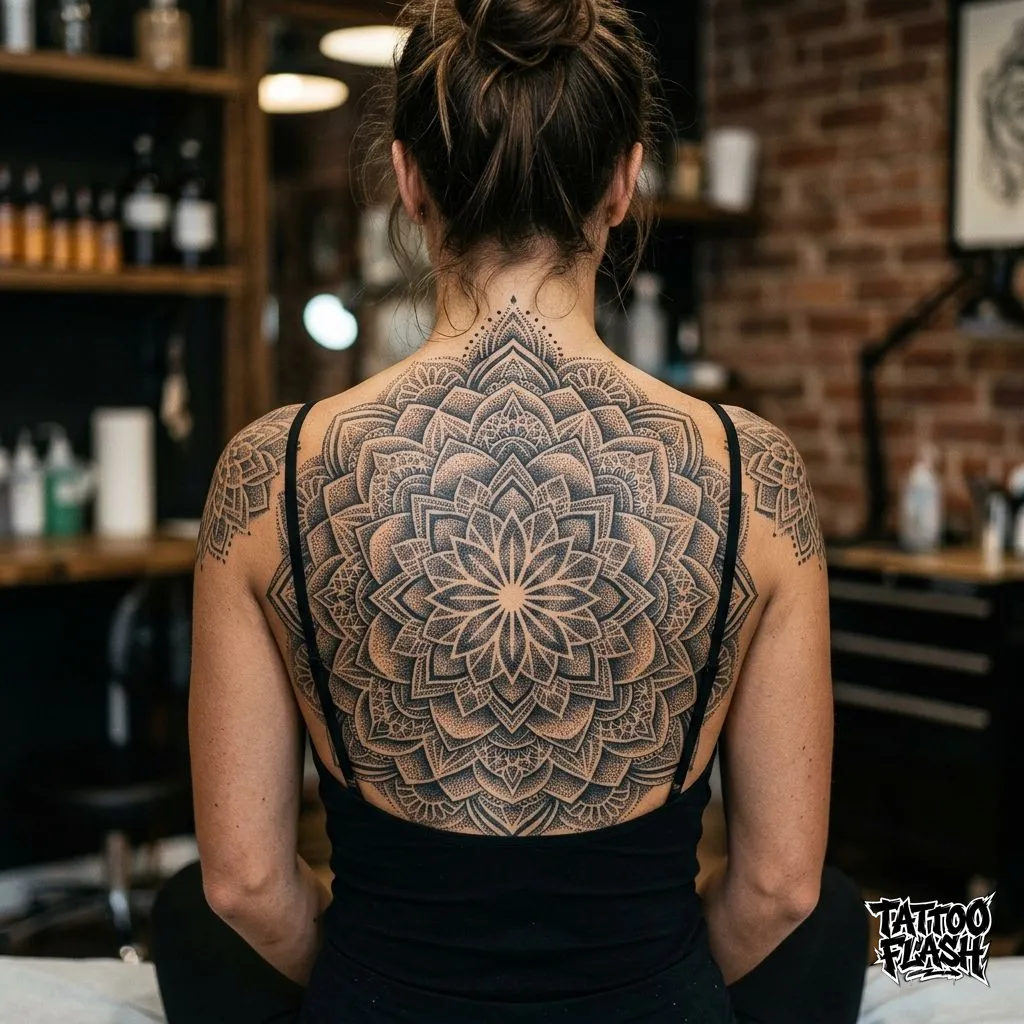A massive geometric dot-work mandala spanning the entire upper back, utilizing perfect symmetry on the spine.