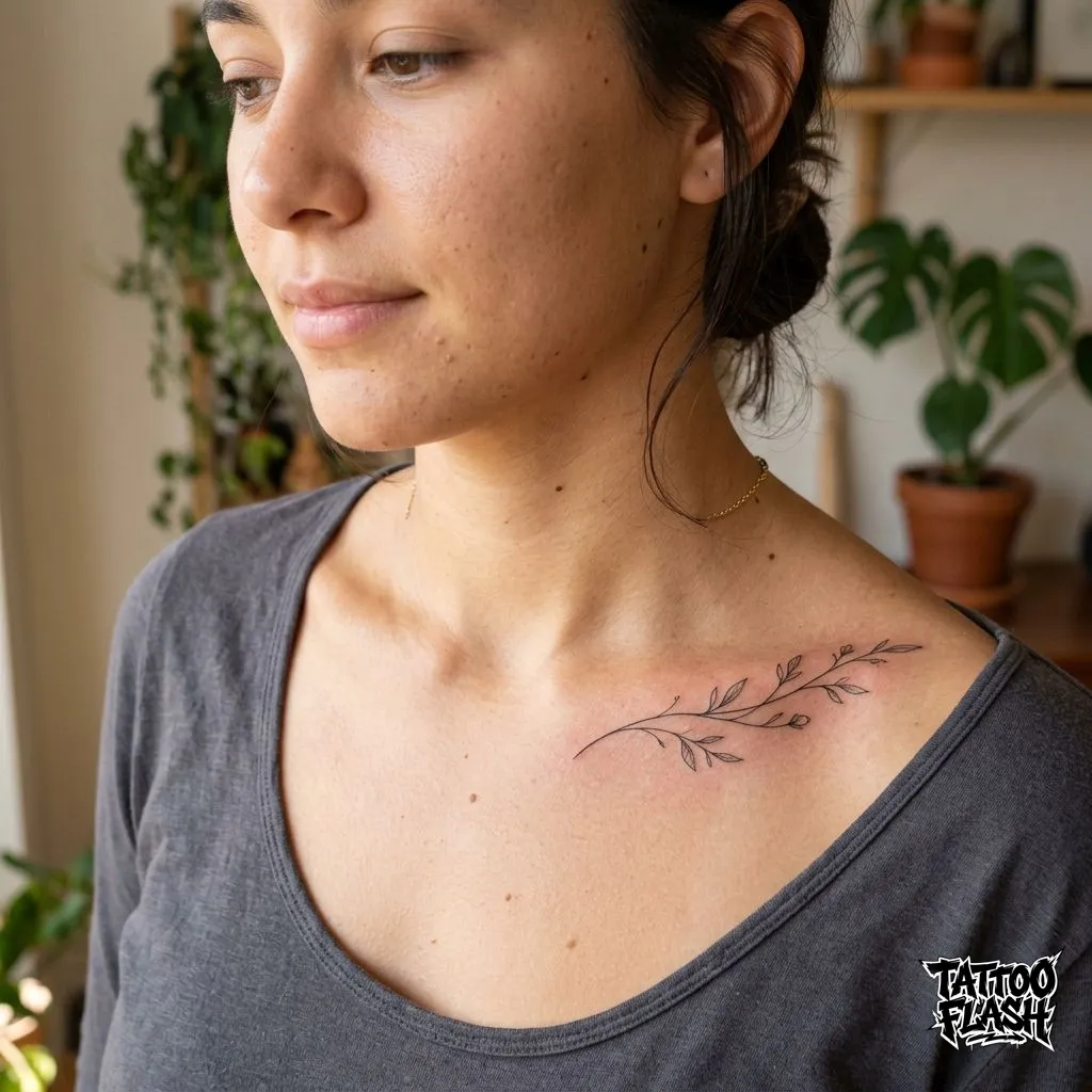 A delicate single-needle fine-line botanical stem tattoo on the collarbone, demonstrating high negative space and elegant flow.