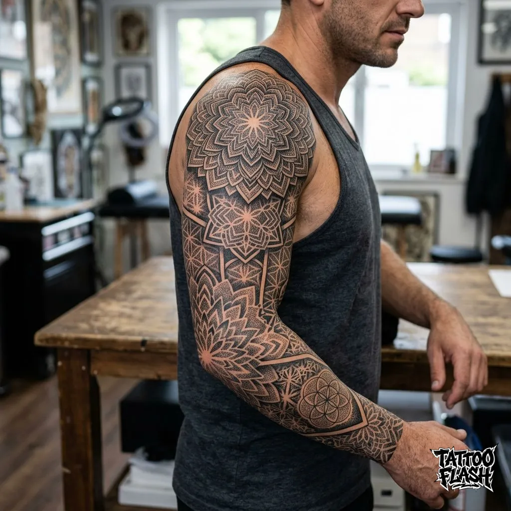 A highly intricate geometric and dot-work mandala full sleeve tattoo, utilizing mathematically perfect patterns and heavy blackwork.