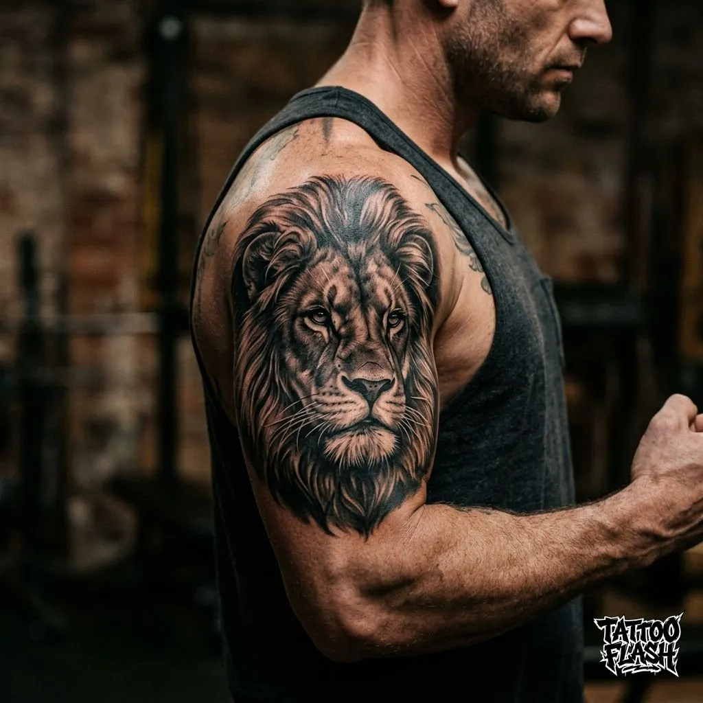 A hyper-realistic black and grey wildlife portrait of a lion tattooed flawlessly on the upper bicep with cinematic shading.