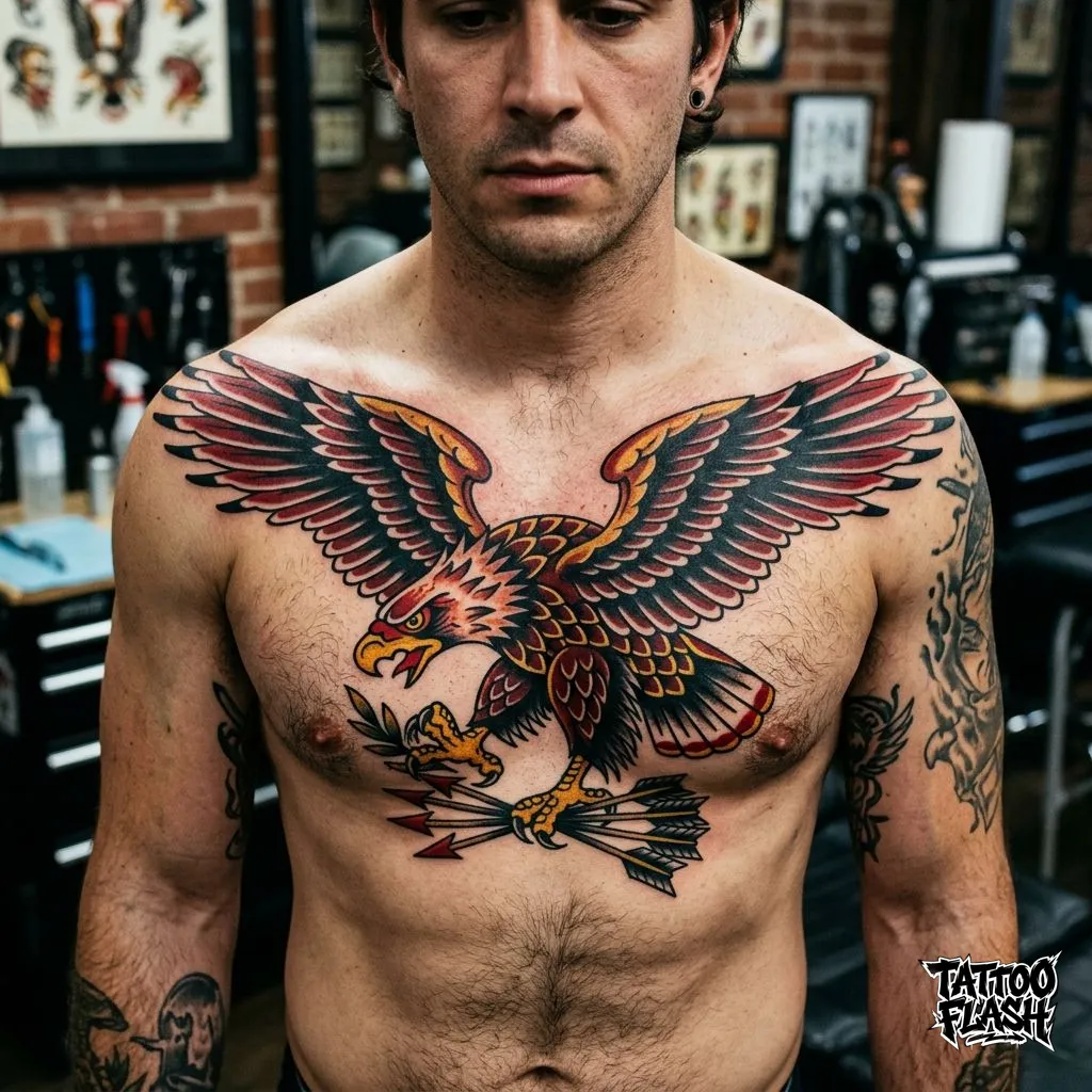 A massive classic american traditional eagle tattoo with spread wings on the chest, showcasing bold lines and primary colors.