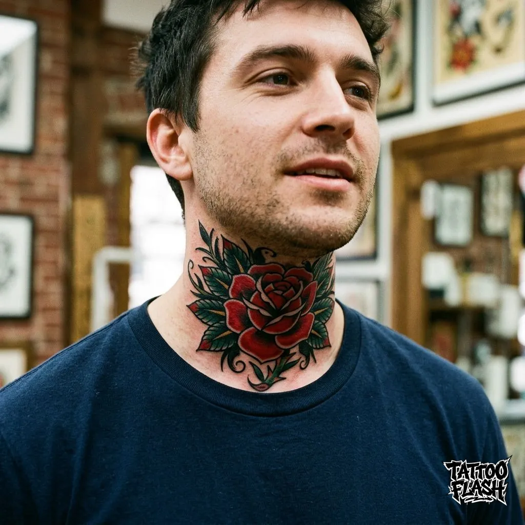 A classic american traditional red rose tattoo placed directly on the front of a human throat, highlighting bold lines and high pain mapping.