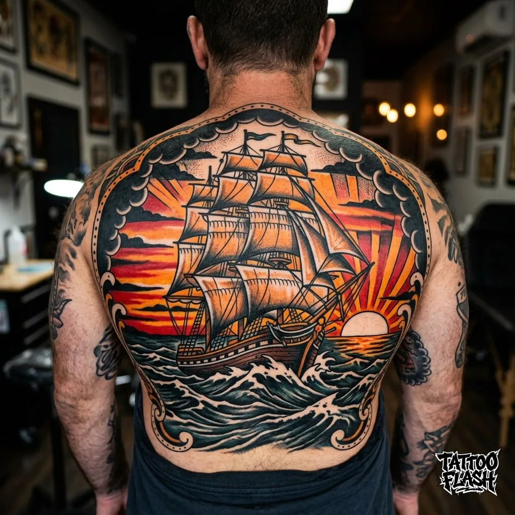 A massive american traditional clipper ship sailing piece tattooed across the upper back, utilizing the flat canvas for perfect symmetry.