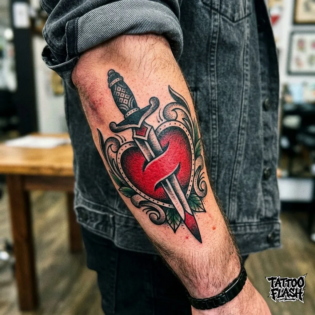 A classic american traditional dagger piercing a red heart tattoo located on the human forearm, showcasing heavy whip shading.