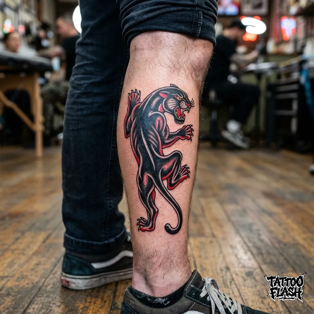 A classic american traditional crawling panther tattoo on the calf, illustrating bold saturated colors and thick outlines.