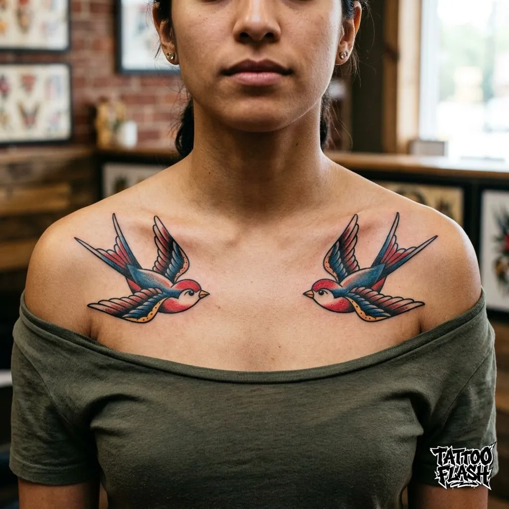 A pair of completely symmetrical, identical classic american traditional swallow bird tattoos perched perfectly under the collarbones.