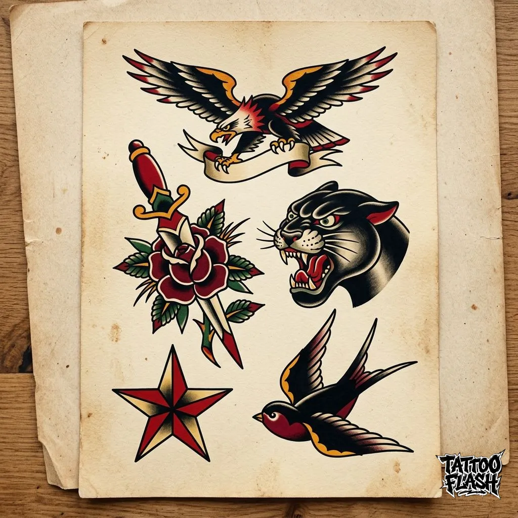Traditional tattoo flash sheet with classic old school motifs like eagle, dagger, swallow, panther, and rose.