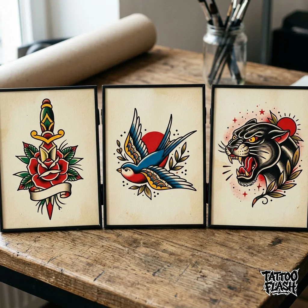Comparison between classic dagger, swallow, and panther tattoo flash motifs on a desk.