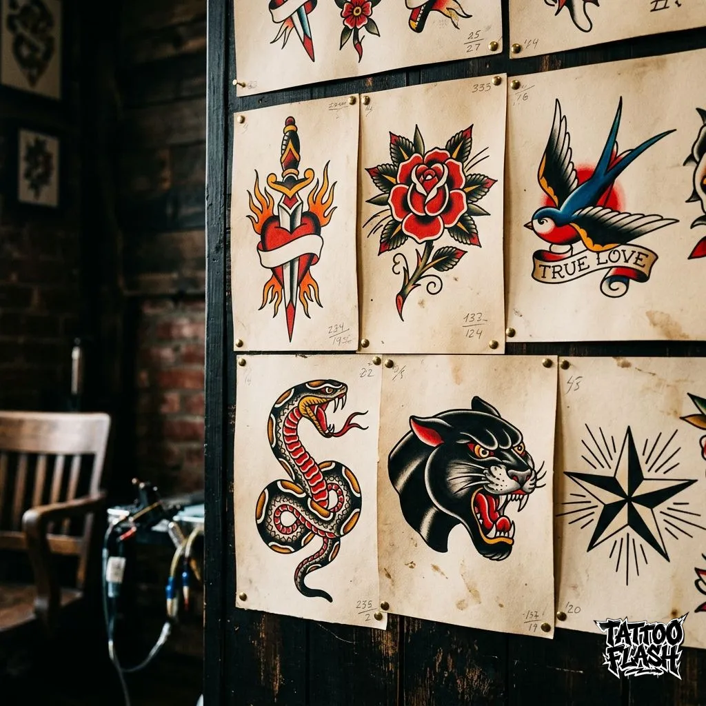Traditional tattoo flash sheets arranged on a dark studio wall with classic motifs and readable linework.
