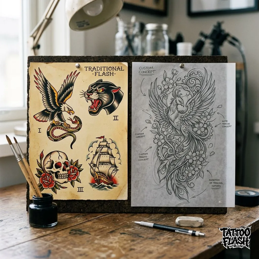 A comparison between pre-drawn tattoo flash sheets and a custom tattoo sketching process in a clean studio setting.