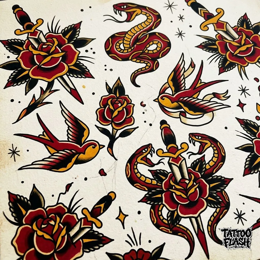 Close-up of a traditional flash sheet featuring classic repeating motifs like roses, daggers, and snakes with strong graphic outlines.